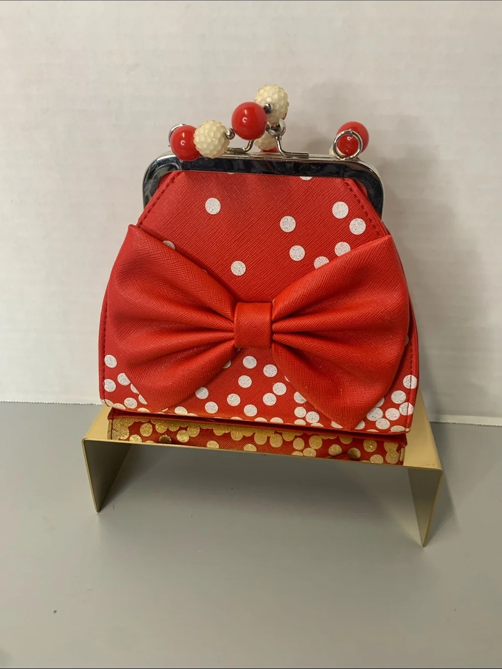 Disney Red Minnie Mouse Polka Dot Kids Clasp Purse with Beaded Handle